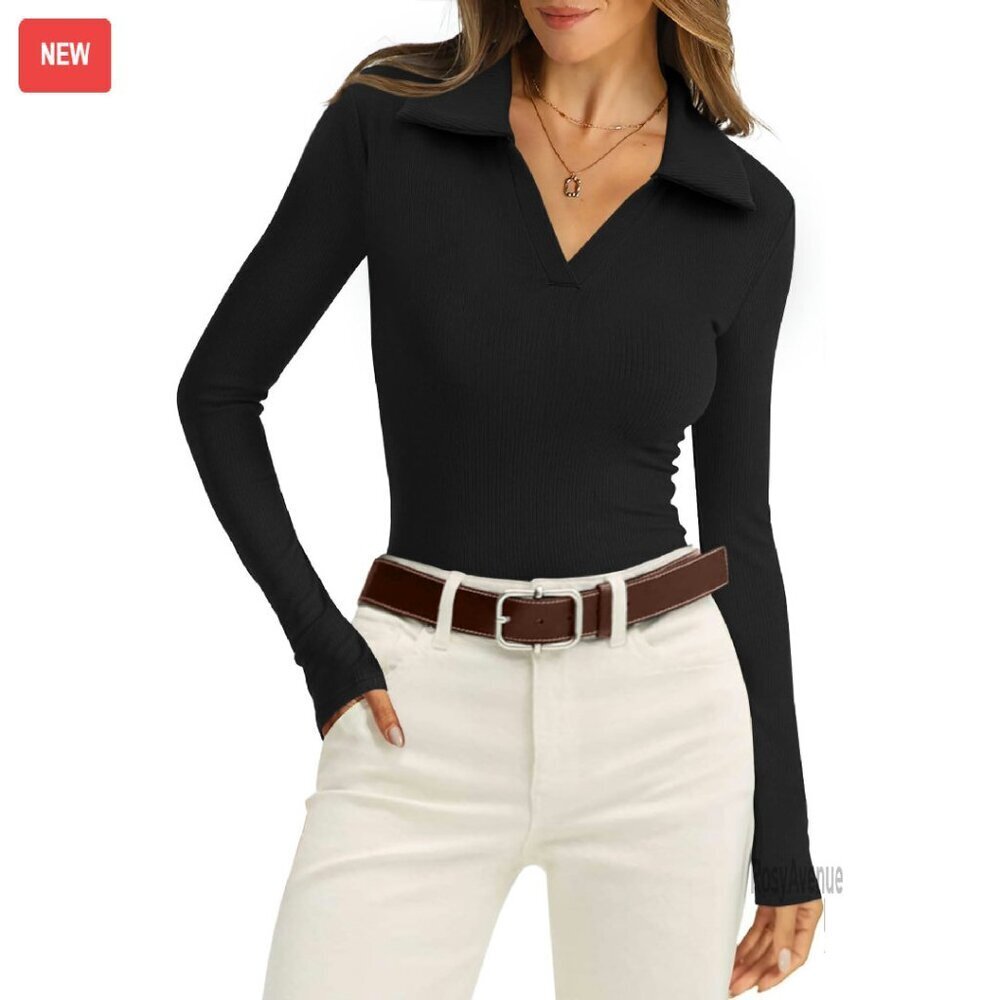Long Sleeve Ribbed Knit Polo Top Slim Fit Business Casual Blouse